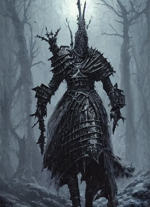 Prompt: folk horror illustration of the ancient boreal knight Vordt (armored knight of frost and death) from dark souls 3, art by greg rutkowski, art by craig mullins, art by thomas kincade, art by Yoshitaka Amano