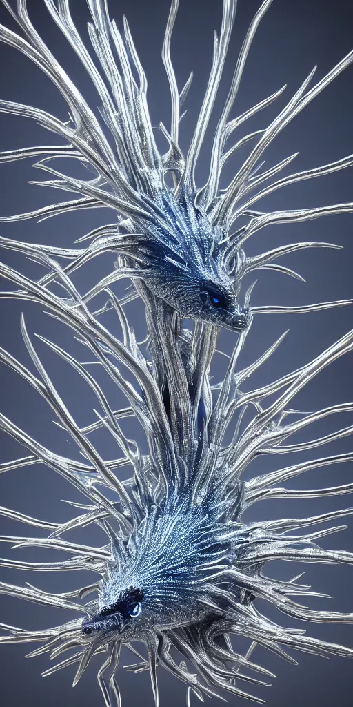 Image similar to a photorealistic render of a metallic neotribal spiky glaucus atlanticus sculpture, made of liquid metal, c 4 d, by zhelong xu and ernst haeckel, wide angle, hyper realistic, plain background, 8 k, volumetric lightning, octane render