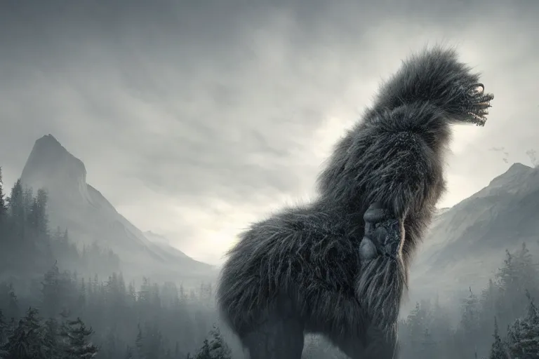 Image similar to a giant terrifying monster made out of detailed fur, standing faraway in the far distance, realism, photo realistic, high quality, misty, hazy, ambient lighting, cinematic lighting, studio quality, scary,