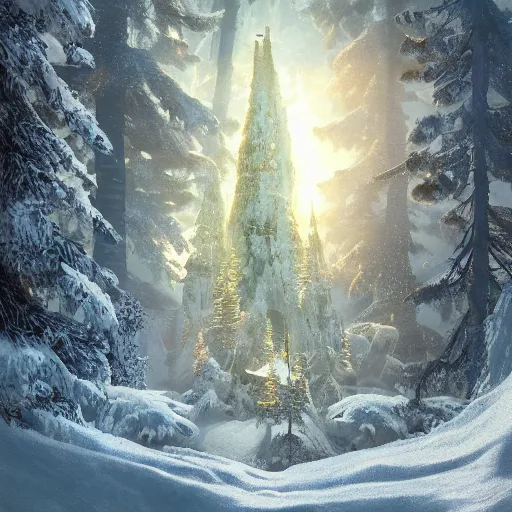 Prompt: a wizards portal in the sky above the trees of a cold winter forest, storybook illustration, octane render, detailed painting, by katherine federer, anthony pafford, harry gamboa and tracy flickinger