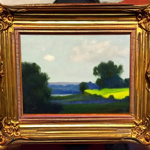 Image similar to Tonalist landscape, pastoral scene. Ultramarine blue, napthol red, and lemon yellow.