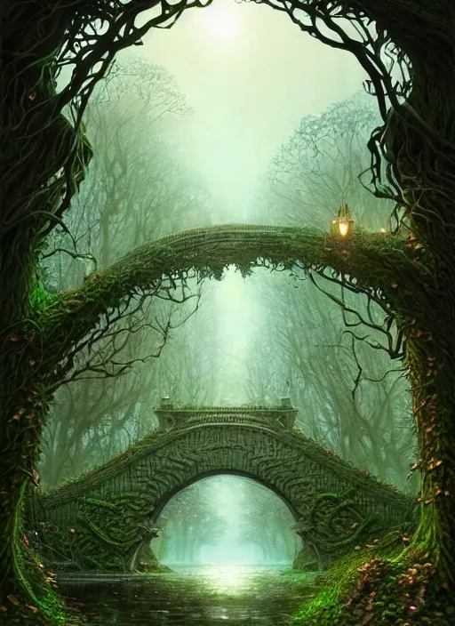 Image similar to book cover!!!!!!!!!!!!, old bridge, ivy leaves graphic vectors at each border, fantasy forest landscape, fantasy magic, light night, intricate, elegant, sharp focus, illustration, highly detailed, digital painting, concept art, matte, art by wlop and artgerm and greg rutkowski, masterpiece