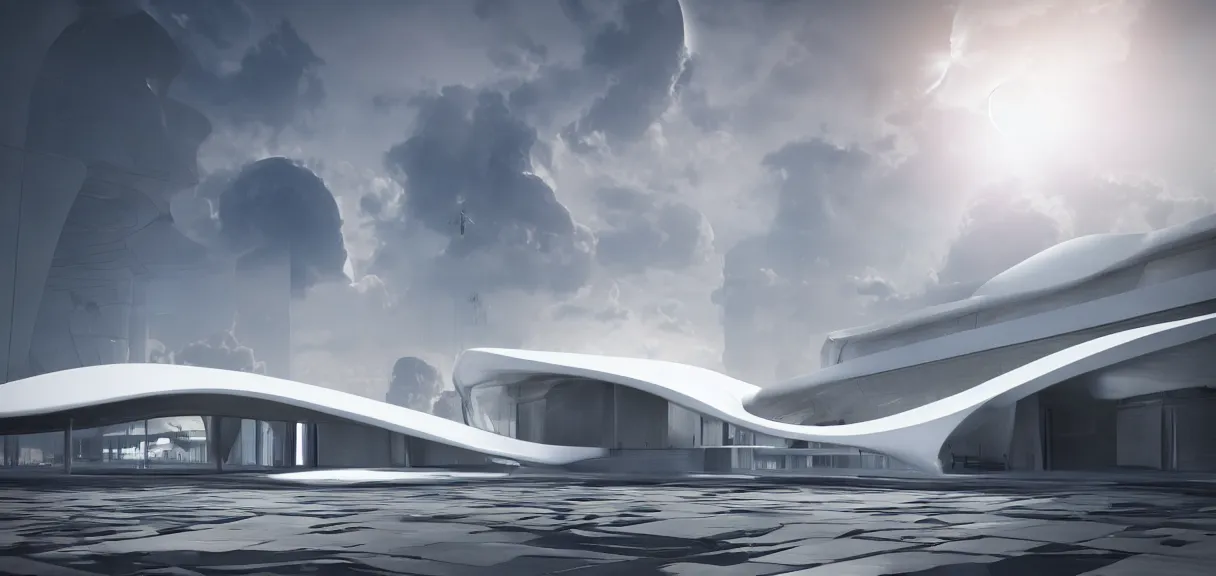 Image similar to a half moon in the sky shining on a white museum by zaha hadid in the cyberpunk city, cinematic, realistic, render in unreal engine 5