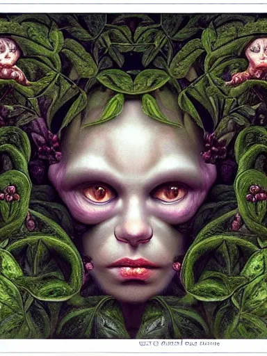 Prompt: The Hanging-Gardens of Pareidolia, ivy, verbena and pothos growing facial features and optical-illusions!!!!!, aesthetic!!!!!!!!, by Gerald Brom in the style of Johfra Bosschart in the style of,