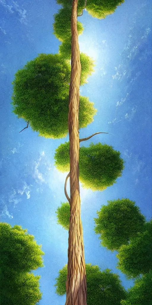 Prompt: a thin tree with an extremely long trunk and spherical canopy, viewed from below, perspective, fantasy digital painting by artgerm and leyendecker, surreal, photorealistic