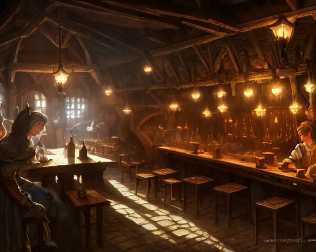 Prompt: a medieval tavern, beautiful, detailed, realistic detailed patrons, dark, concept art illustration, color page, tone mapping, akihiko yoshida, james jean, andrei riabovitchev, marc simonetti, digital illustration, greg rutowski, volumetric lighting, sunbeams, particles