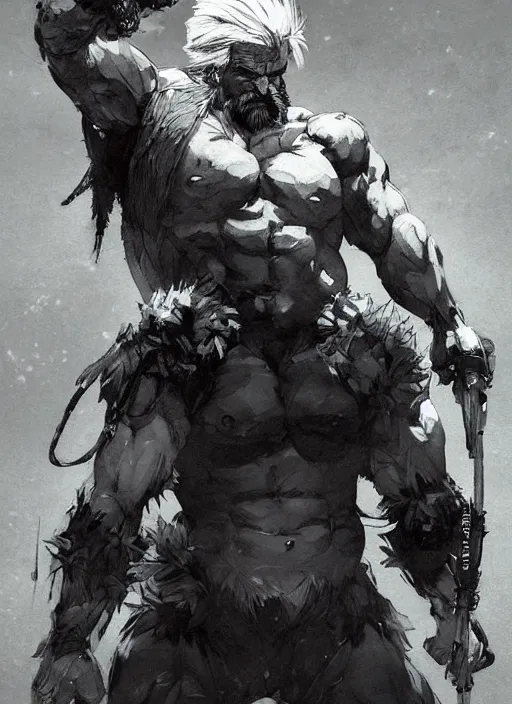 Prompt: Full body portrait of an old muscular man with white hair and black beard wearing bear skin. In style of Yoji Shinkawa and Hyung-tae Kim, trending on ArtStation, dark fantasy, great composition, concept art, highly detailed.