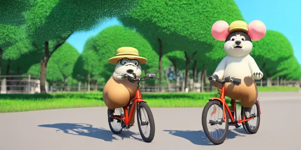 Prompt: shot of a cute bear on a bike wearing a sunhat studio ghibli pixar disney animation sharp render