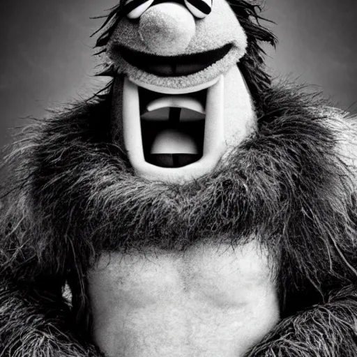 Image similar to a still of a forgotten muppet character looking very manly and modern, hilarious, laughing, hairy chest, huge chin, manly monster tough guy, roughled fur, photo real, photographic, photograph, artstation, trending, featured