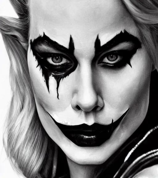 Prompt: photographic still of the beautiful margot robbie portrait with joker makeup, in the style of den yakovlev, realistic face, black and white, realism tattoo, hyper realistic, highly detailed, award winning drawing