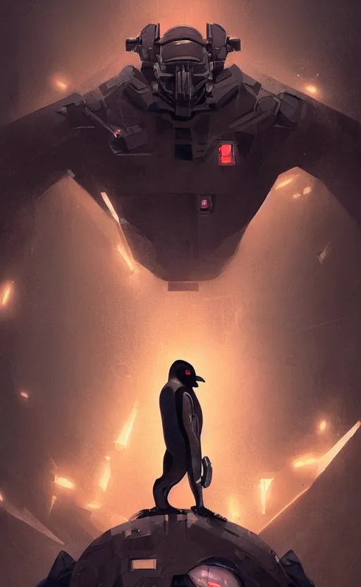 Image similar to award winner movie poster, the buffed dark cybernetic - penguin, great composition, cinematic light, clean linework, finely detailed, 4 k, exoskeleton, trending on artstation, concept art by greg rutkowski