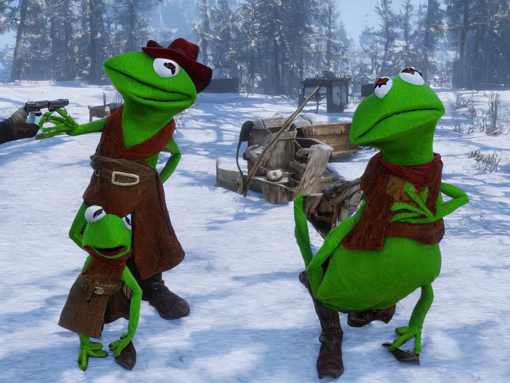 Image similar to Kermit the frog in Red Dead Redemption 2, snowy