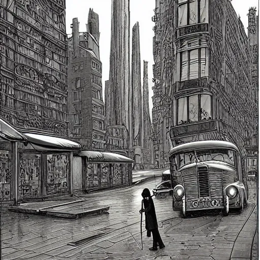 Image similar to a tall man standing next to a huge car, paris street view, city in the background, people walking in the distance, reflections on wet streets, dieselpunk style, steampunk, art by jean giraud and juan gimenez ; architecture by francois schuiten, beautiful illustration, drawing, painting, clean lines, digital art, symmetric, colorful retrofutur, artstation