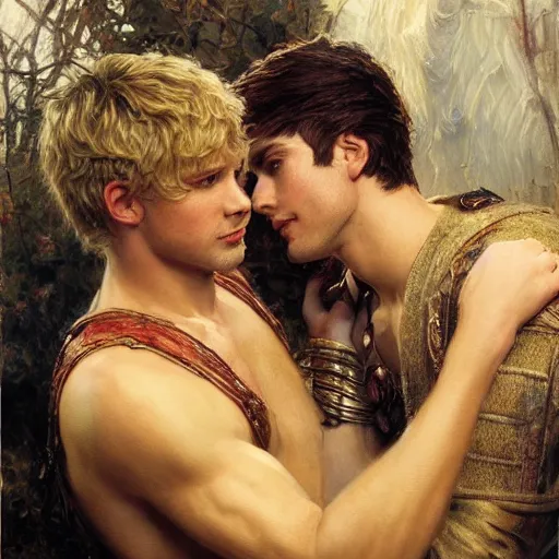 Image similar to attractive male, arthur pendragon who has blond hair confesses his love to attractive male, merlin who has dark hair. highly detailed painting by gaston bussiere, craig mullins, j. c. leyendecker 8 k