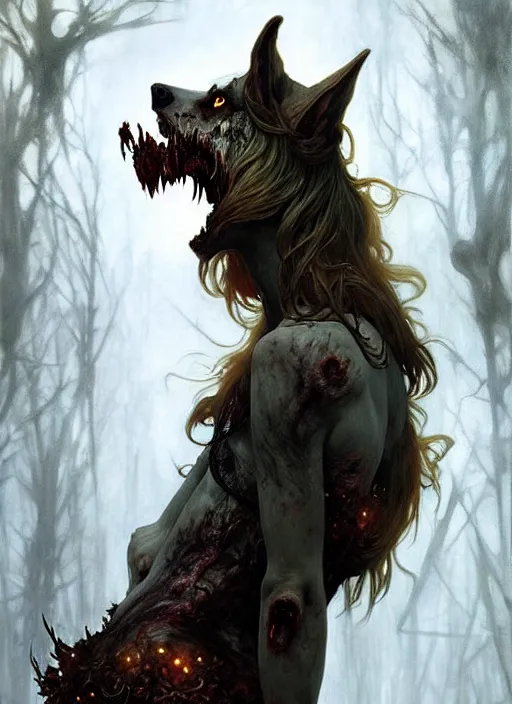 Prompt: a giant zombie wolf, diffuse lighting, fantasy, intricate, elegant, highly detailed, lifelike, photorealistic, digital painting, artstation, illustration, concept art, smooth, sharp focus, art by john collier and albert aublet and krenz cushart and artem demura and alphonse mucha