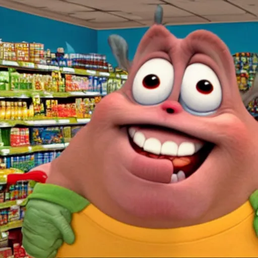 Image similar to stimpy at a grocery store, pixar, brightly lit,