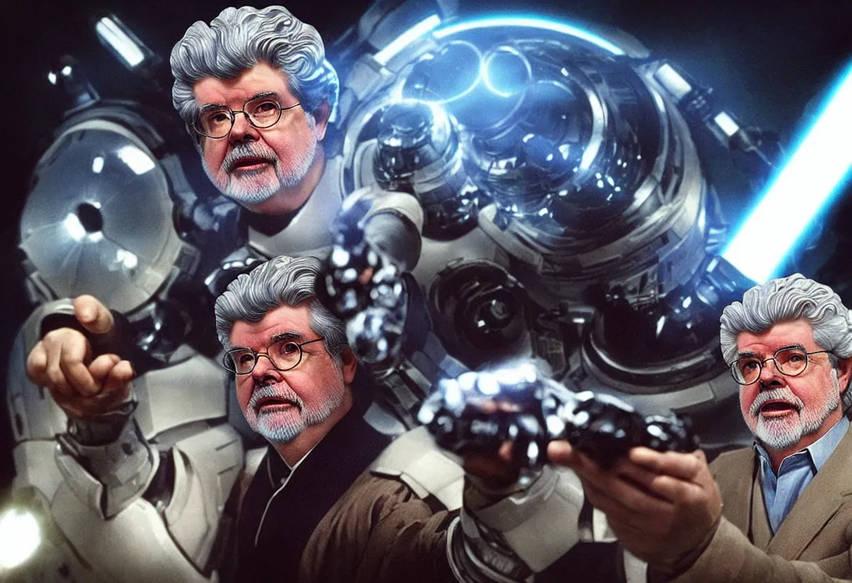 Image similar to “George Lucas stars in his new space opera movie Swiss Cottage, which many claim to be a poor quality knockoff of a Star Wars. HQ movie still. Be creative! I’m counting on you to impress me, Stable Diffusion, don’t let me down with some shonky looking AI bullshit”