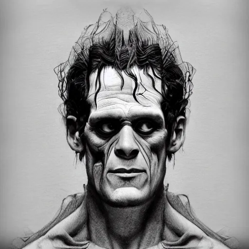 Prompt: An intricate detailed complex pencil drawing of frankenstein, dead eyes , contrast atmosphere, majestic, symmetrical face, artgerm, Dark mist, portrait, detailed monochrome, featured on artstation hd, detalied complex of monster illustration, character design art, border and embellishments dslr, hyperreal by Alphonse Mucha