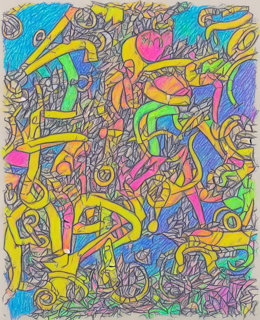 Prompt: intricate oil pastel drawing of many things happening, cover art musical artistic dance gavin dance happiness on the way