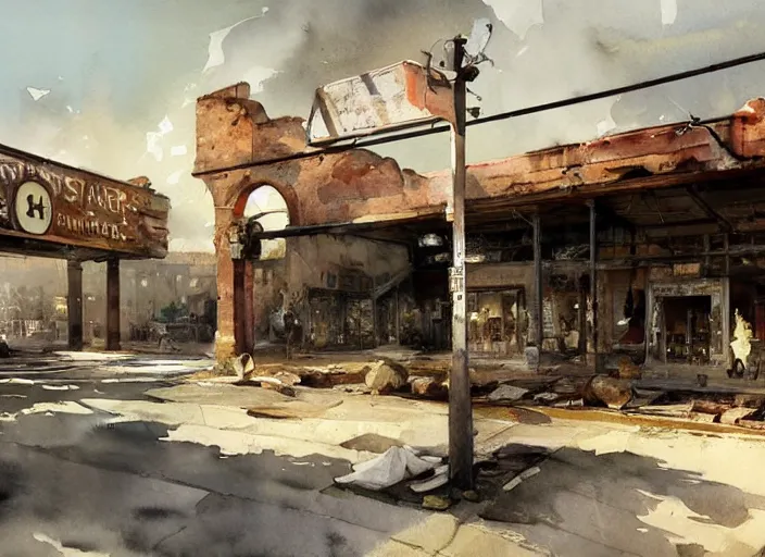 Prompt: watercolor painting of shopping center ruins, old signs, walls, very beautiful lighting, art by anders zorn, wonderful masterpiece by greg rutkowski, cinematic light, american romanticism by greg manchess, creation by tyler edlin