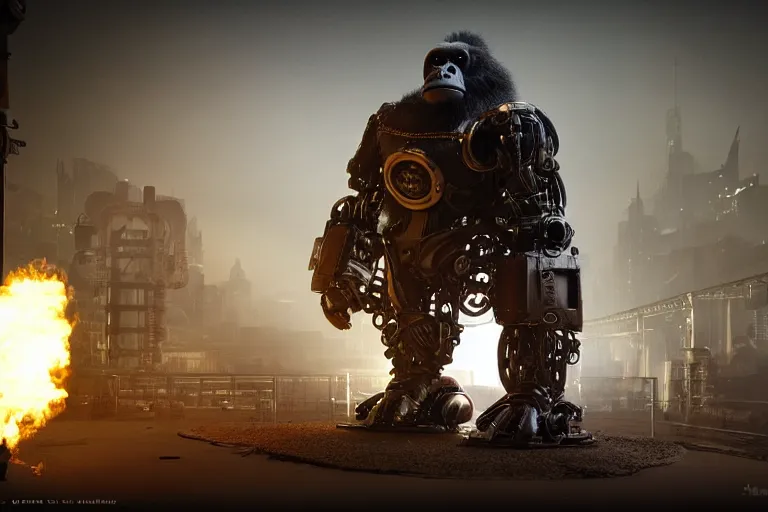 Image similar to a giant robotic gorilla, steampunk, night, atmospheric lighting, trending in artstation, octane render, 4k,