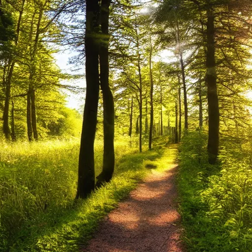 Image similar to Dutch forest trail in summer, photo, golden hour, award winning