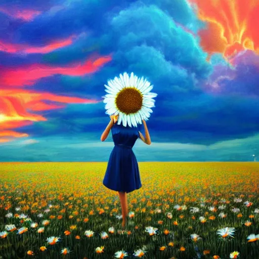 Image similar to giant daisy flower in front of head, full body girl dancing in a flower field, surreal photography, sunrise, dramatic light, impressionist painting, colorful clouds, digital painting, artstation, simon stalenhag