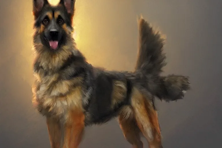 Prompt: A painting of a cute, fluffy german shepherd dog by Craig Mullins, dramatic lighting, extremely high detail, trending on artstation