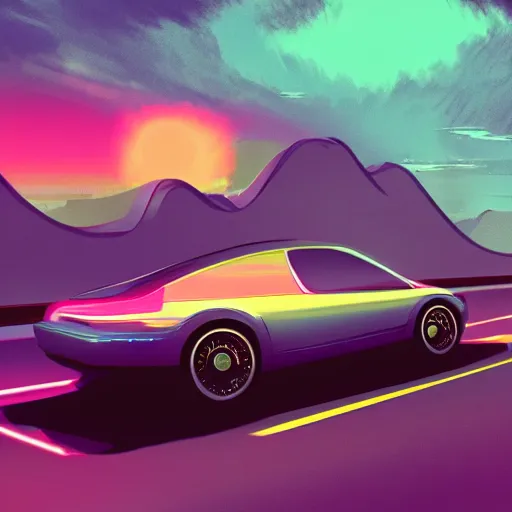 Image similar to a car driving along the pacific coast highway, midnight, synthwave, concept art, digital art, 8 k wallpaper, trending on artstation