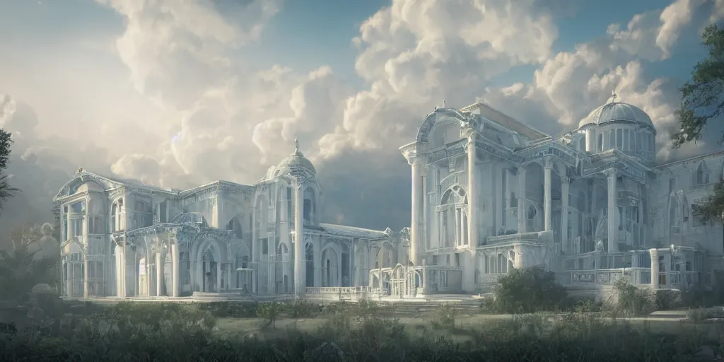 Image similar to beautiful digital illustration of a shining silver Byzantine palace in the sky, fluffy pastel clouds, architecture, concept art, deviantArt, artsation, artstation HQ, HD, 16k resolution, octane, finalRender, Unreal Engine