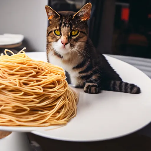 Image similar to professional photography of a cat sitting on a plate of spaghetti