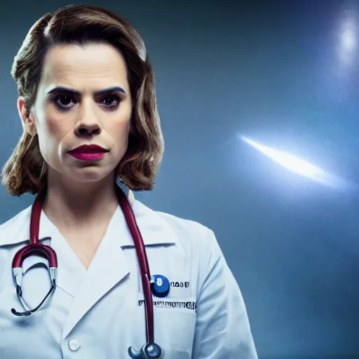 Prompt: a beautiful full body photograph of hayley atwell dressed as doctor who, time vortex in the background, detailed face, symmetrical face, extreme realism and detail, 8 k, completely framed, direct lighting, 3 5 mm photo, photorealistic, sharp focus