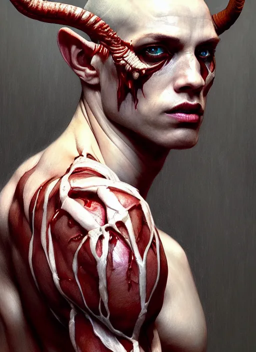 Image similar to half demon half human man intricate skin pattern texture, elegant, peaceful, playful full body, white horns, hyper realistic, extremely detailed, dnd character art portrait, dark fantasy art, intricate fantasy painting, dramatic lighting, vivid colors, deviant art, artstation, by edgar maxence and caravaggio and michael whelan and delacroix.