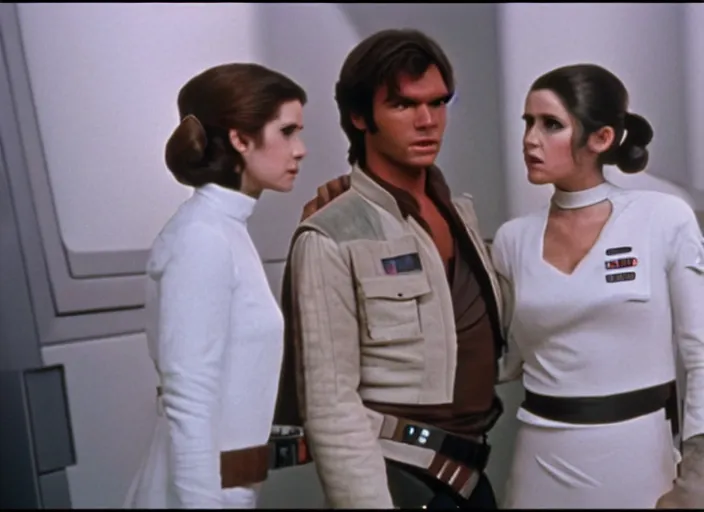 Image similar to screenshot of Han Solo standing next to Princess Leia Organa kiss, alone, pensive, iconic scene from 1970s Star Wars film directed by Stanley Kubrick, in a sci fi nursing home architecture, last jedi, 4k HD, cinematic still frame, photoreal, beautiful portraits, moody lighting, stunning cinematography, anamorphic lenses, kodak color film stock