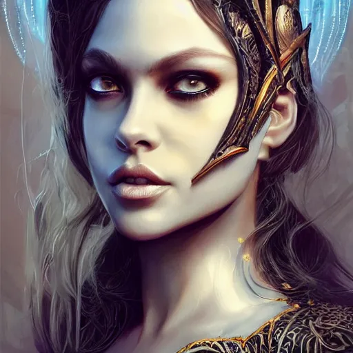 Image similar to a portrait of ornella muti as a sorceress, urban motifs, intricate, elegant, highly detailed, digital painting, trending on artstation, concept art, smooth sharp focus, illustration, art by artgerm and greg rutkowski