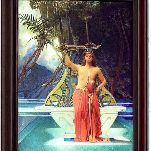 Image similar to The queen's throne, refracted sparkles, thunderstorm, greek pool, beach and Tropical vegetation on the background major arcana sky, by paul delaroche, alphonse mucha and arnold böcklin, hyperrealistic symmetrical 8k, award-winning, very very very detailed