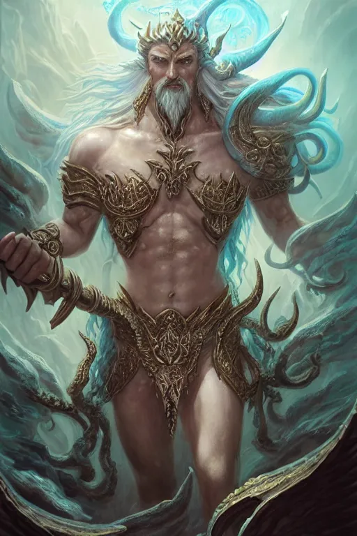 Image similar to lord of sea elf, god of the underworld, highly detailed, d & d, fantasy, highly detailed, digital painting, trending on artstation, concept art, sharp focus, illustration, global illumination, ray tracing, realistic shaded, art by artgerm and greg rutkowski and fuji choko and viktoria gavrilenko and hoang lap, sunny