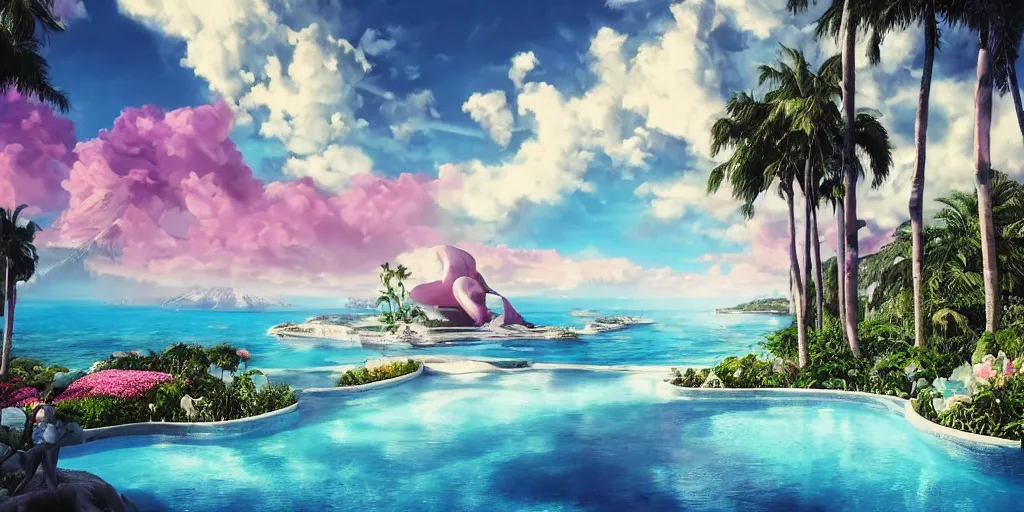 Image similar to masterpiece, hyperrealistic surrealism, award winning masterpiece with incredible details, epic stunning, infinity pool, a surreal vaporwave liminal space, highly detailed, trending on ArtStation, calming, meditative, pink arches, flowing silk sheets, palm trees, very vaporwave, very very surreal, sharp details, dreamscape