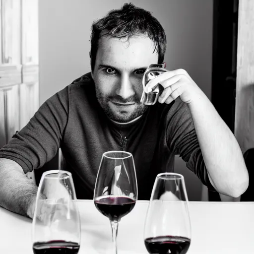 Image similar to portrait of a 3 0 years old frenchman in 2 0 2 0 seated at a table with a bottle of wine. award winning photography, 5 0 mm, studio lighting, black and white, contrasted.