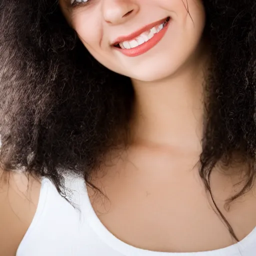 Image similar to tired young woman with shoulder - length messy black hair, slightly smiling, 1 3 5 mm nikon portrait