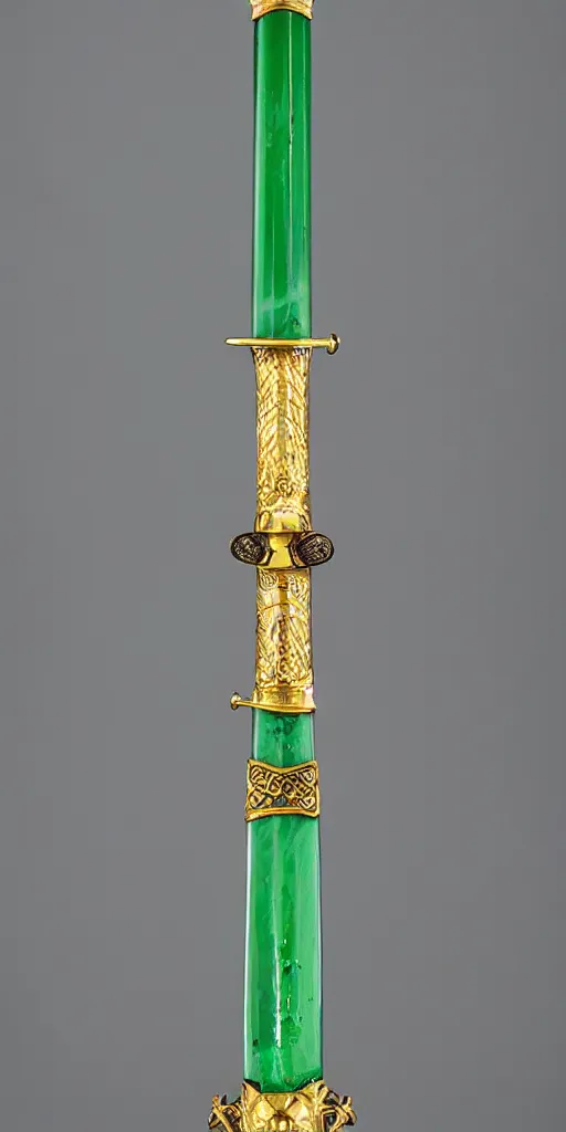 Image similar to photograph of a large green and teal crystal sword with a gold sword hilt