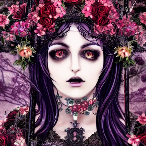 Image similar to A portrait of a Gothic goddess of floral jewels in an empty land, dark and mysterious, lively atmospheric, cinematic, 8k, 4k, ultra detail, ultra-realistic, rendered by DeviantArt