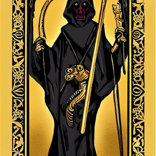 Prompt: grim reaper tarot card, gold inlay, gold edge, artstation