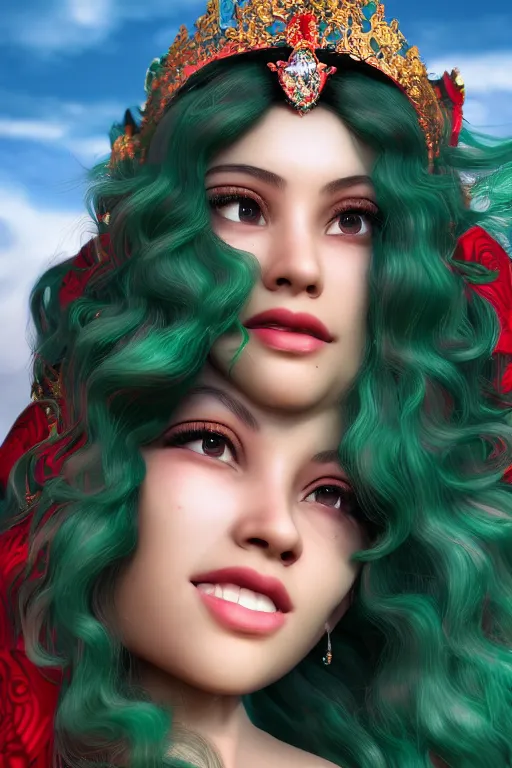 Image similar to dreamy beautiful persian asian princess in clouds, green eyes, red dress, long black curly hair, smiling, wearing a diamond tiara, face, highly detailed, artstation, concept art, sharp focus, hyper realistic, octane render, unreal engine, 8 k