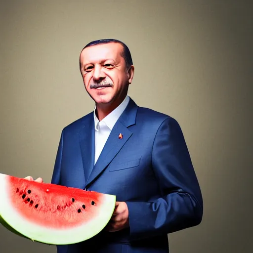 Image similar to recep tayyip erdogan smiling holding watermelon, studio photograph, hd, studio