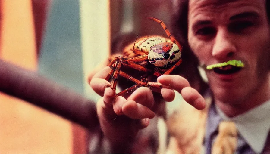 Image similar to 7 0 s movie still of a man with a spider in the mouth, cinestill 8 0 0 t 3 5 mm eastmancolor, heavy grain, high quality, high detail