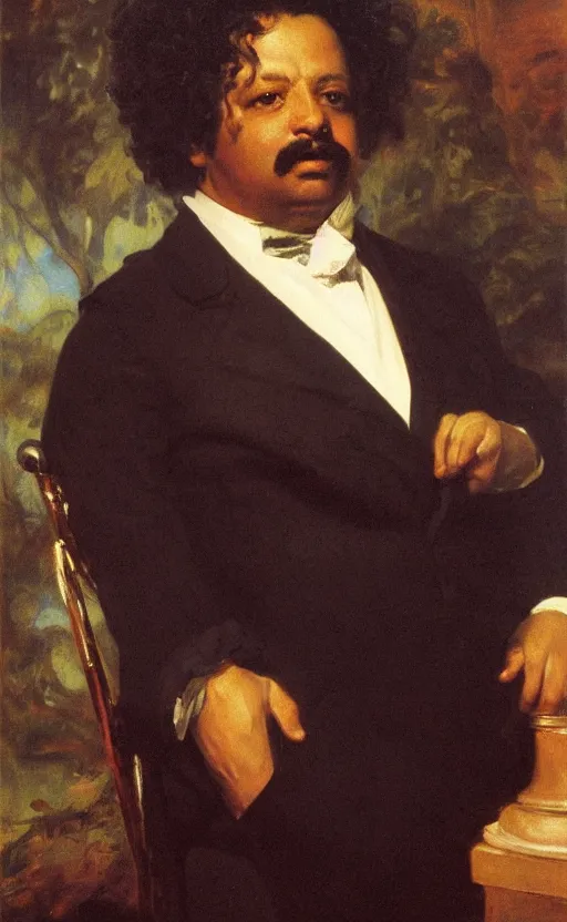 Image similar to Portrait of Alexandre Dumas, oil on canvas, highly detailed, high contrast, by Franz Xaver Winterhalter, Henry Ossawa Tanner, 8k