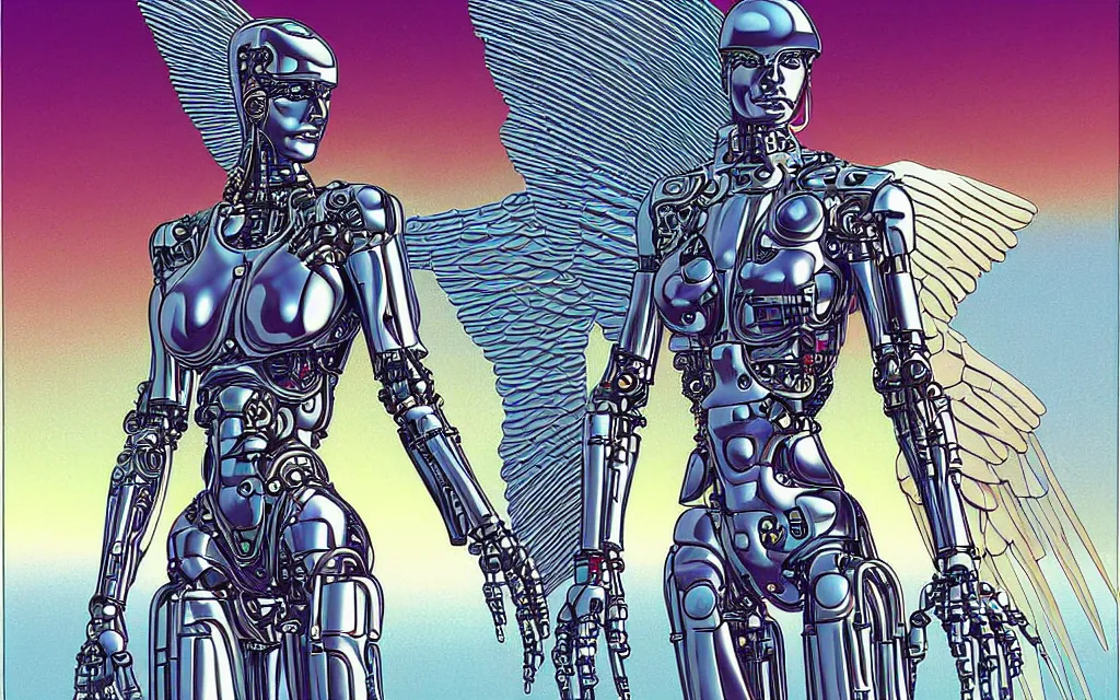 Prompt: futurist cybernetic angel, future perfect, award winning digital art by moebius