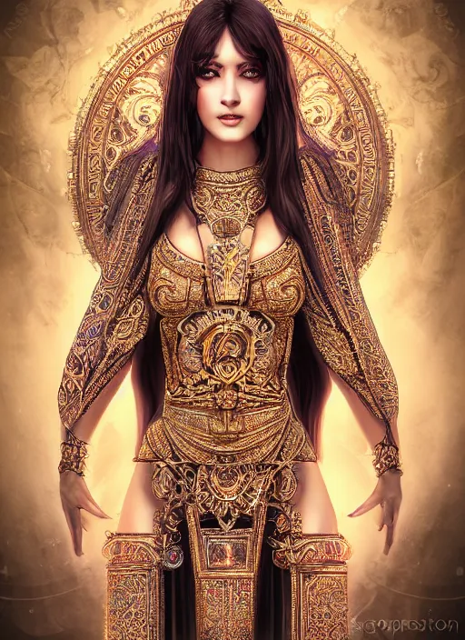 Image similar to beautiful full body concept art, photorealistic symmetrical beautiful face, symmetric eyes, female priestess with shiny hair wearing full intricate clothing, temple, godray, intricate lighting, micro detail, symmetric hands, cg society