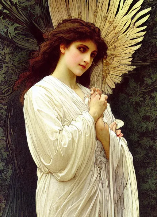 Image similar to painting of a beautifully robed angel with huge white feather wings, intricate, elegant, hyperdetailed, by alphonse mucha and william - adolphe bouguereau and john william waterhouse